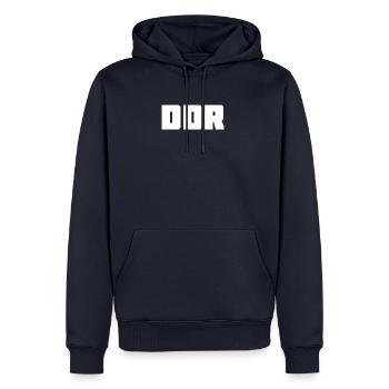 Lettrage DDR blanc - Sweat à capuche Premium bio Homme - bleu marine - Devant - Nico (187cm)