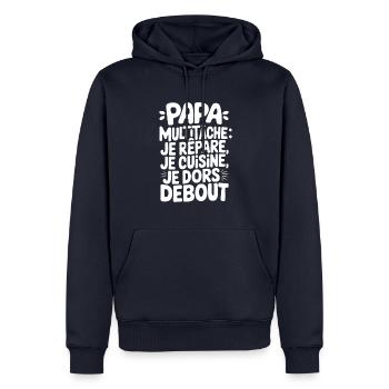 Papa multitâche je répare je cuisine je dors - Sweat à capuche Premium bio Homme - bleu marine - Devant - Nico (187cm)