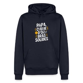 Papa Cœur d'or et Bras Solides - Sweat à capuche Premium bio Homme - bleu marine - Devant - Nico (187cm)
