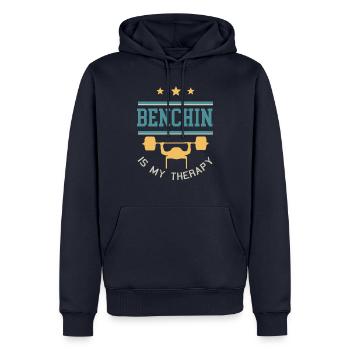 Ironic Gym Quote Benchpress as Therapy Lifting - Men’s Premium Organic Hoodie - navy - Front - Nico (187cm)