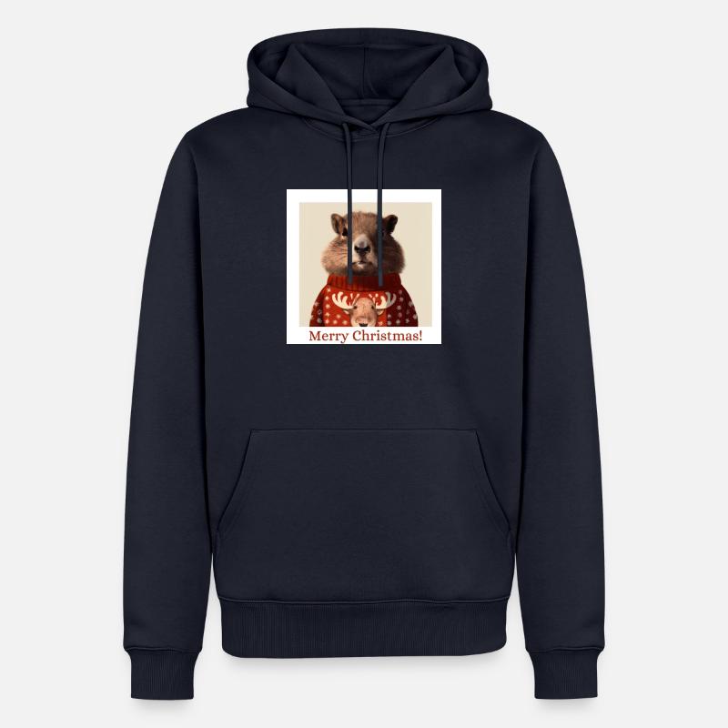 Portrait de marmotte dans un pull de renne de Noël - Sweat à capuche Premium bio Homme - bleu marine