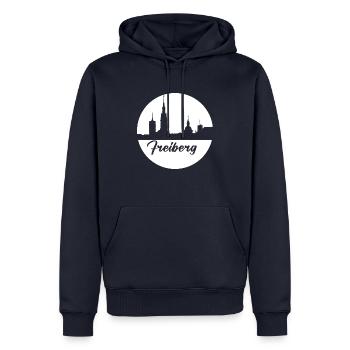 blanc, skyline, cercle, papier découpé,Freiberg - Sweat à capuche Premium bio Homme - bleu marine - Devant - Nico (187cm)