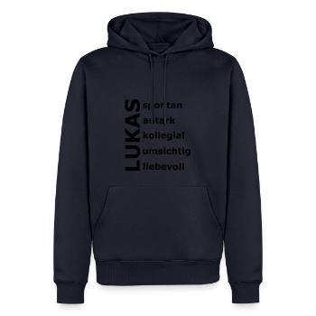 Lukas - Ein ganz spezielles Design nur für Lukas - Männer Premium Bio Hoodie - Navy - Vorne - Nico (187cm)