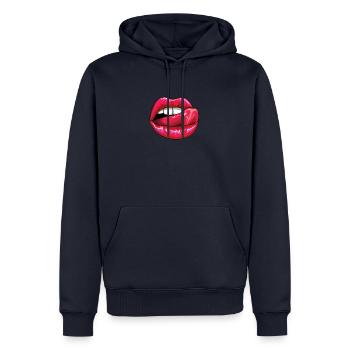 Lèche les lèvres colorées - Sweat à capuche Premium bio Homme - bleu marine - Devant - Nico (187cm)