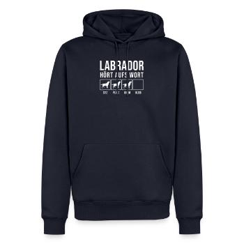 Lustiges Labrador T Shirt Hoert aufs Wort Ges - Männer Premium Bio Hoodie - Navy - Vorne - Nico (187cm)