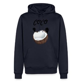 Noix de coco avec inscription Coco et palmiers - Sweat à capuche Premium bio Homme - bleu marine - Devant - Nico (187cm)