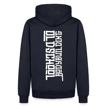 Oldschool Bodybuilding - Männer Premium Bio Hoodie - Navy - Hinten - Nico (187cm)