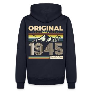 Original Mai 1945 Vintage 1945 Anniversaire 1945 - Sweat à capuche Premium bio Homme - bleu marine - Dos - Nico (187cm)