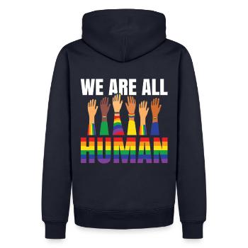 We are all Human Hände LGBT Support Flagge Gay - Männer Premium Bio Hoodie - Navy - Hinten - Nico (187cm)