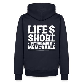 Das Leben Ist Kurz, Aber Wir Machen Es - Männer Premium Bio Hoodie - Navy - Hinten - Nico (187cm)
