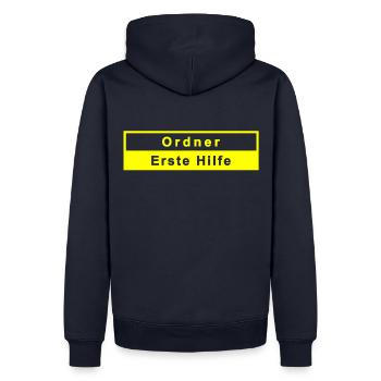 Ordner & Erste Hilfe, gelb - Männer Premium Bio Hoodie - Navy - Hinten - Nico (187cm)