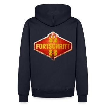 DDR FORTSCHRITT Ostalgie Vintage Logo - Männer Premium Bio Hoodie - Navy - Hinten - Nico (187cm)