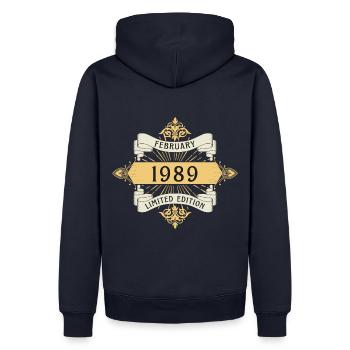 Février 1989 anniversaire édition limitée - Sweat à capuche Premium bio Homme - bleu marine - Dos - Nico (187cm)
