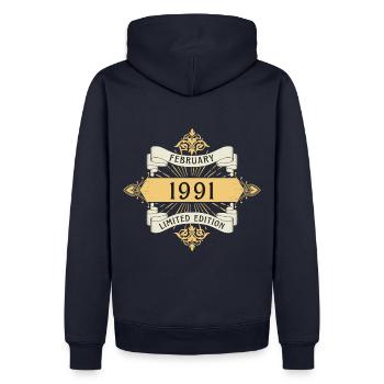 Février 1991 anniversaire édition limitée - Sweat à capuche Premium bio Homme - bleu marine - Dos - Nico (187cm)