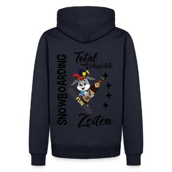 Snowboarding, verrückte Zeiten, Hase mit Snowboard - Männer Premium Bio Hoodie - Navy - Hinten - Nico (187cm)
