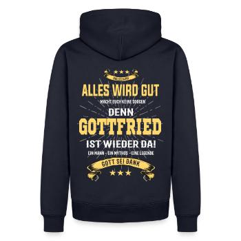 Alles wird gut denn Gottfried ist da! Cooles Shirt - Männer Premium Bio Hoodie - Navy - Hinten - Nico (187cm)