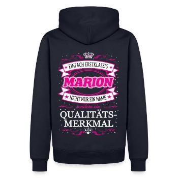 Qualitätsmerkmal Marion einfach Erstklassig - Männer Premium Bio Hoodie - Navy - Hinten - Nico (187cm)
