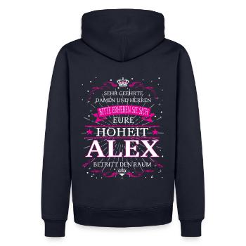 Eure Hoheit Alex betritt den Raum - Männer Premium Bio Hoodie - Navy - Hinten - Nico (187cm)