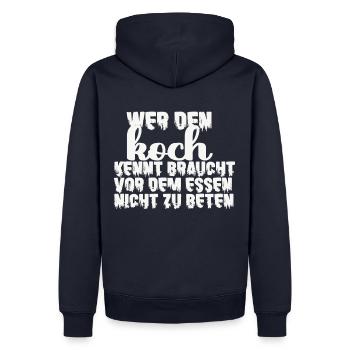 Den Koch Kennt Braucht Vor Dem Essen Nicht Beten - Männer Premium Bio Hoodie - Navy - Hinten - Nico (187cm)