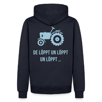 De Löppt Un Löppt Un Löppt … Trecker Plattdeutsch - Männer Premium Bio Hoodie - Navy - Hinten - Nico (187cm)