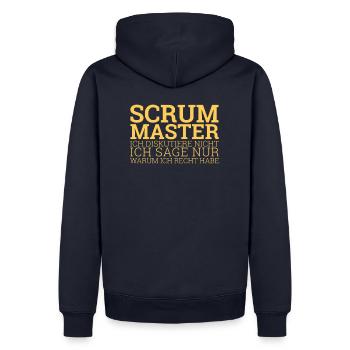 « Scrum Master discute | » Scrum Master" » - Sweat à capuche Premium bio Homme - bleu marine - Dos - Nico (187cm)