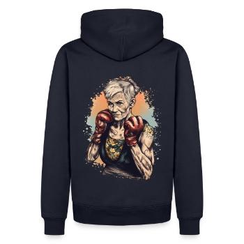 Mamie boxeuse cool avec des gants de boxe - Sweat à capuche Premium bio Homme - bleu marine - Dos - Nico (187cm)