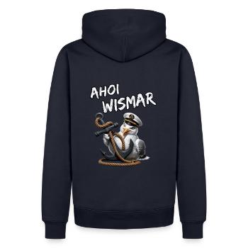 Ahoi Wismar mit lustige Möwe und Anker - Männer Premium Bio Hoodie - Navy - Hinten - Nico (187cm)