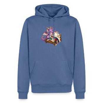 Lila Drache auf Quiltbett - Männer Premium Bio Hoodie - Taubenblau - Vorne - Nico (187cm)