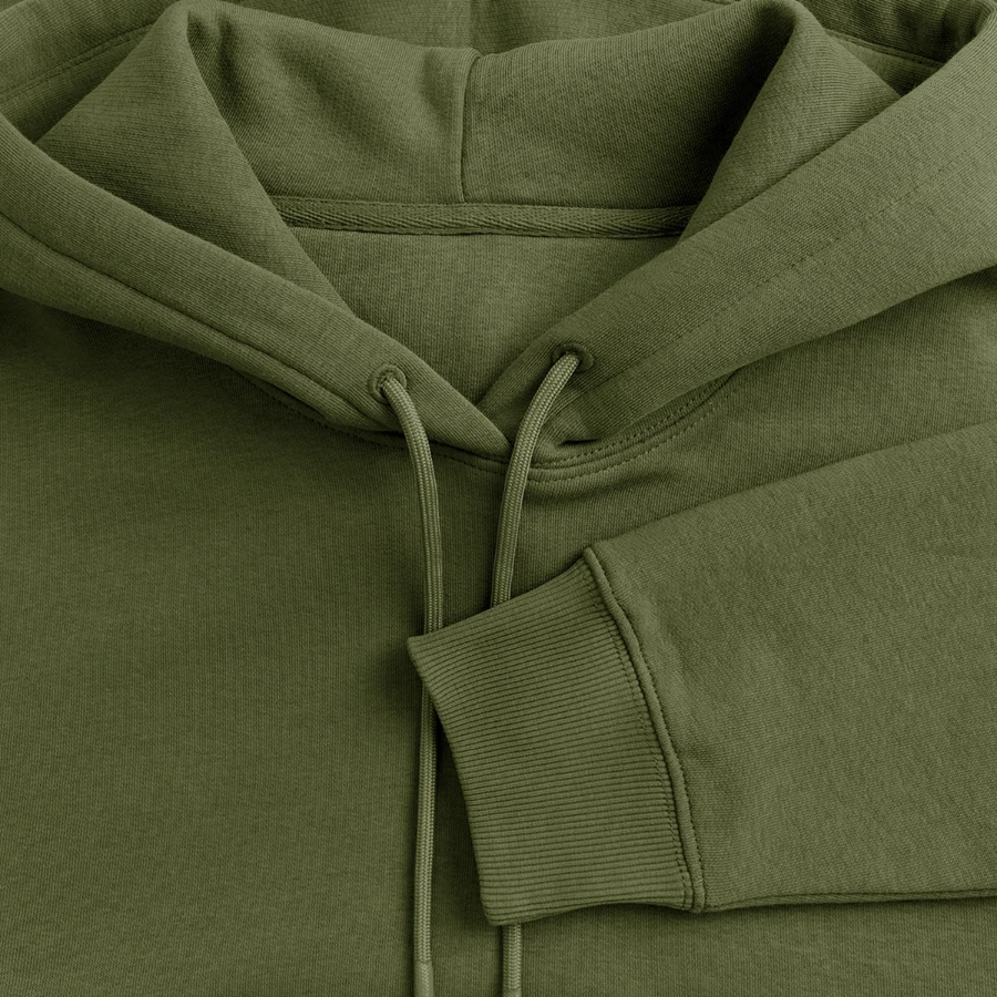 Hollow Peak badge on a men’s premium organic hoodie, khaki, neck label