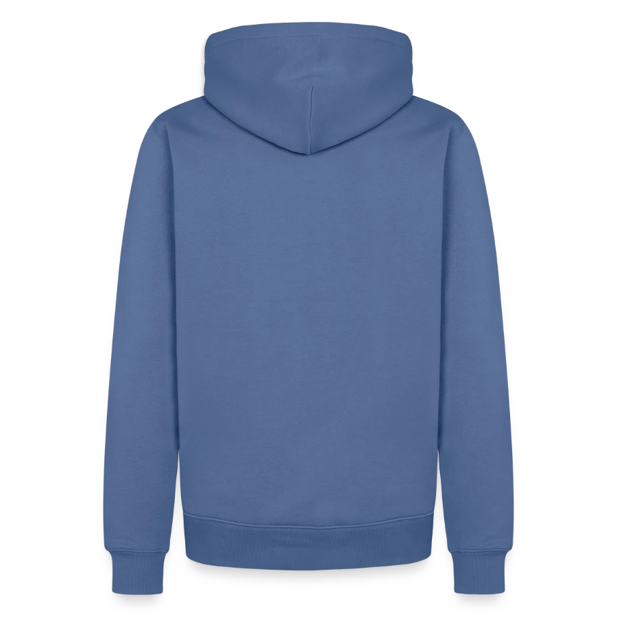 Hollow Peak badge on a men’s premium organic hoodie, stone blue, back