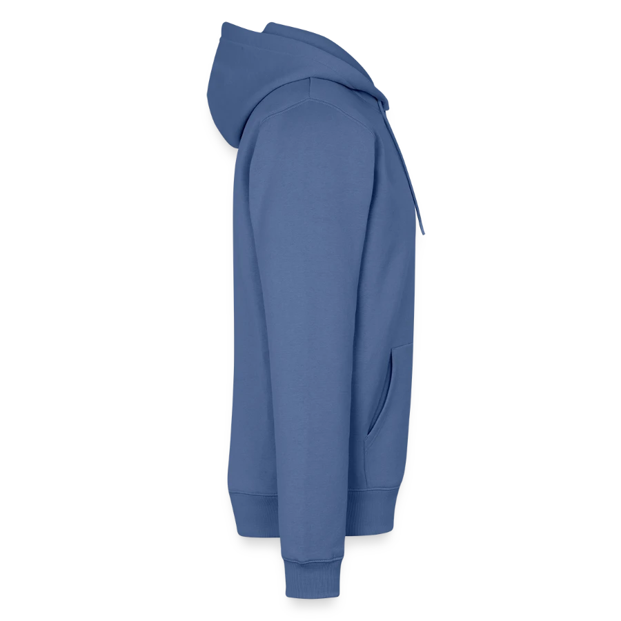 Hollow Peak badge on a men’s premium organic hoodie, stone blue, right