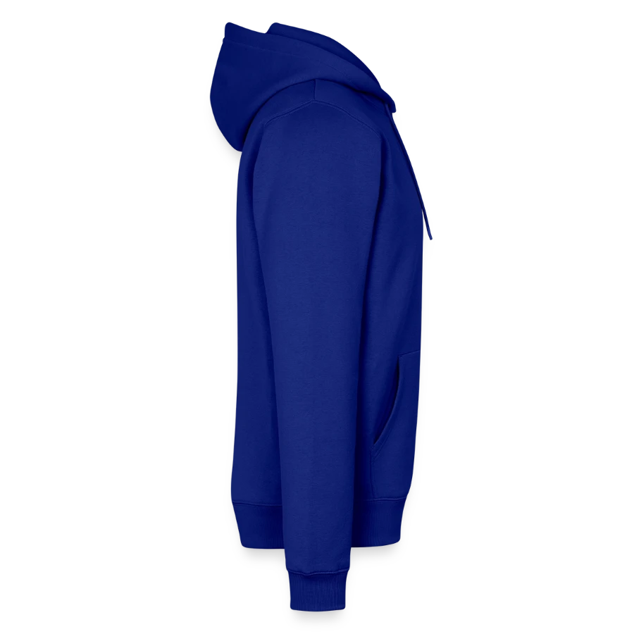 Hollow Peak badge on a men’s premium organic hoodie, royal blue, right