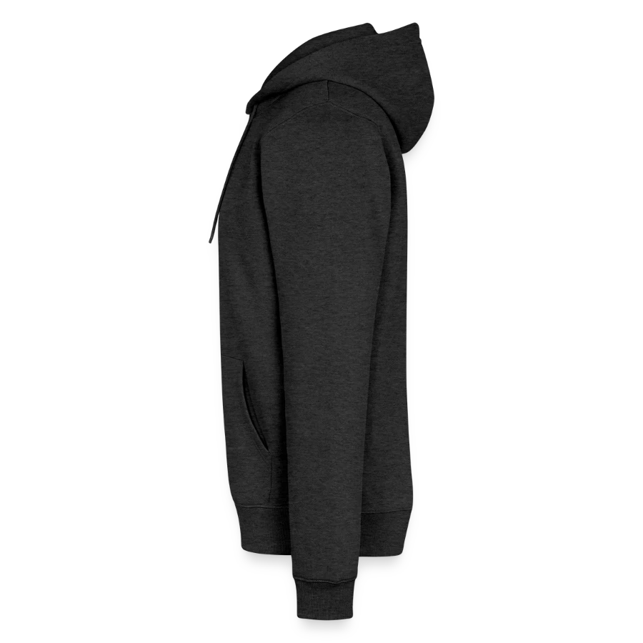 Hollow Peak badge on a men’s premium organic hoodie, heather anthracite, left