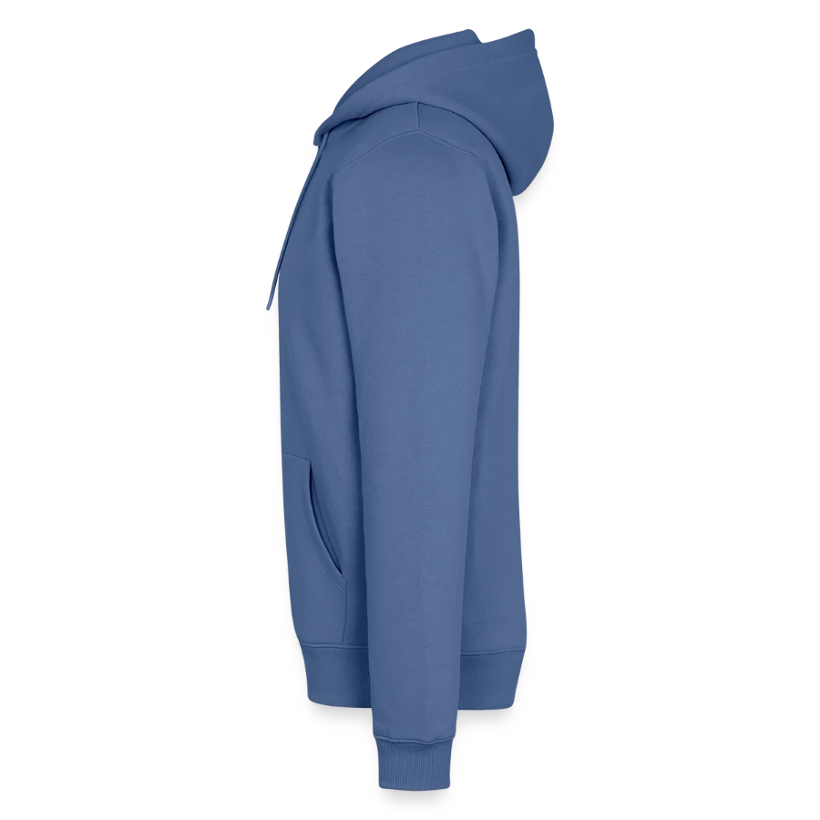 Hollow Peak badge on a men’s premium organic hoodie, stone blue, left