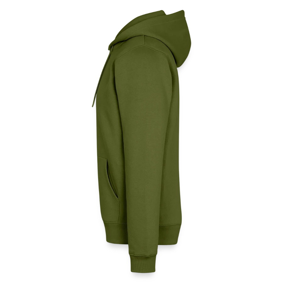 Hollow Peak badge on a men’s premium organic hoodie, khaki, left