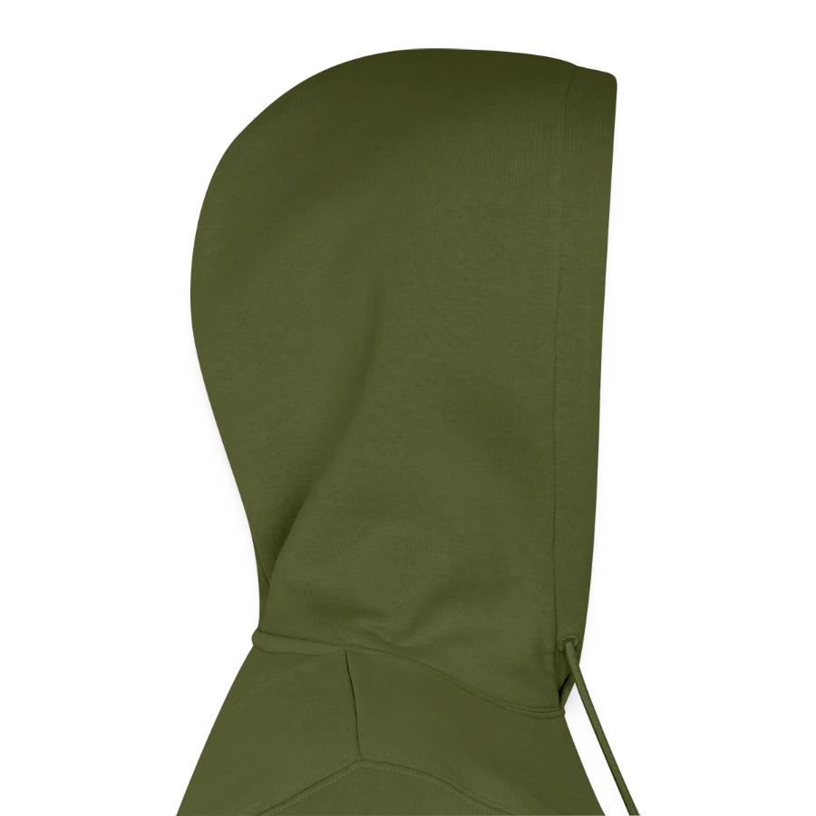 Hollow Peak badge on a men’s premium organic hoodie, khaki, hood right