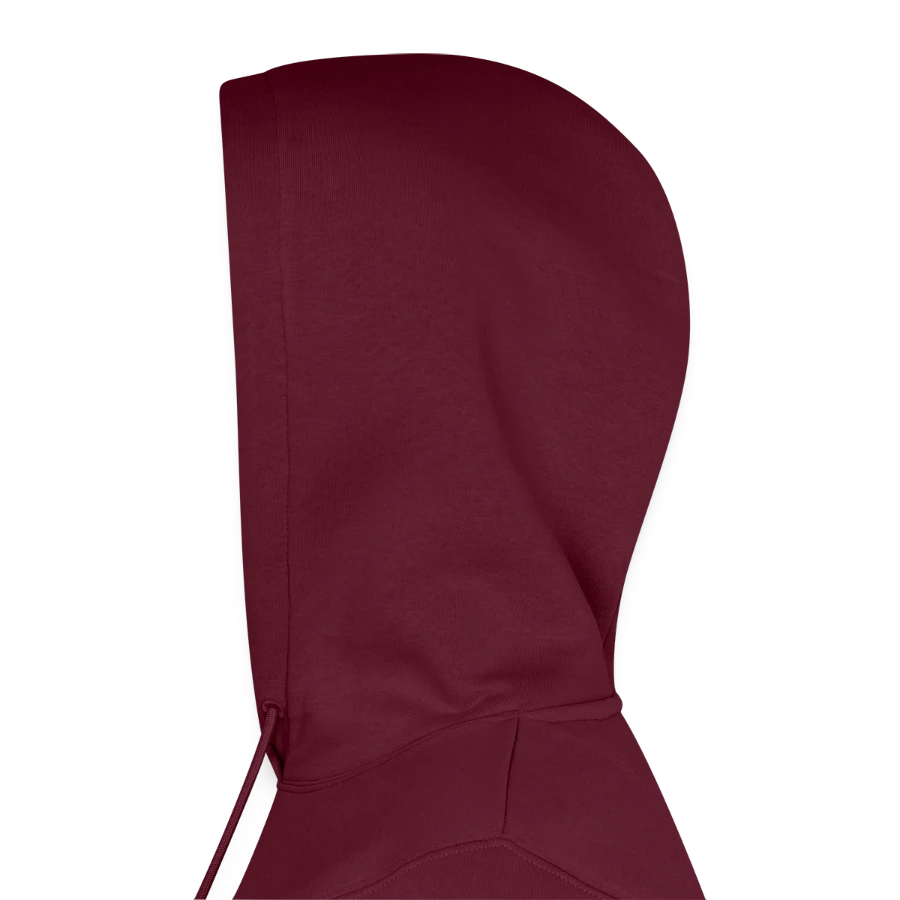Hollow Peak badge on a men’s premium organic hoodie, burgundy, hood left