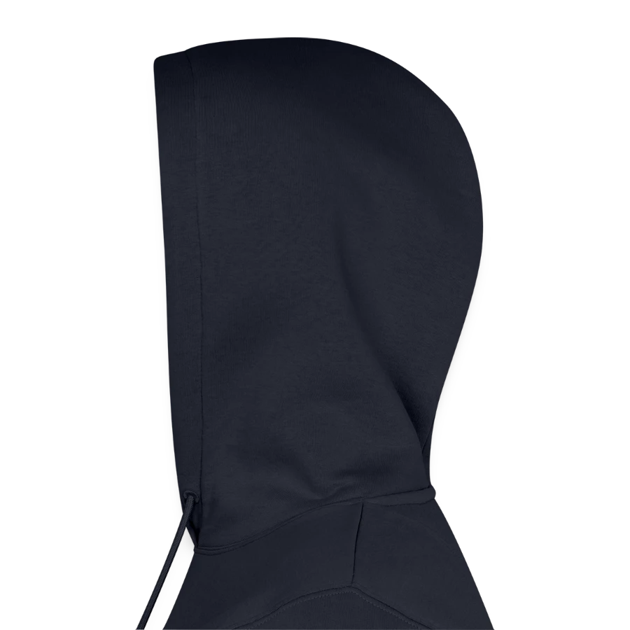 Hollow Peak badge on a men’s premium organic hoodie, navy, hood left