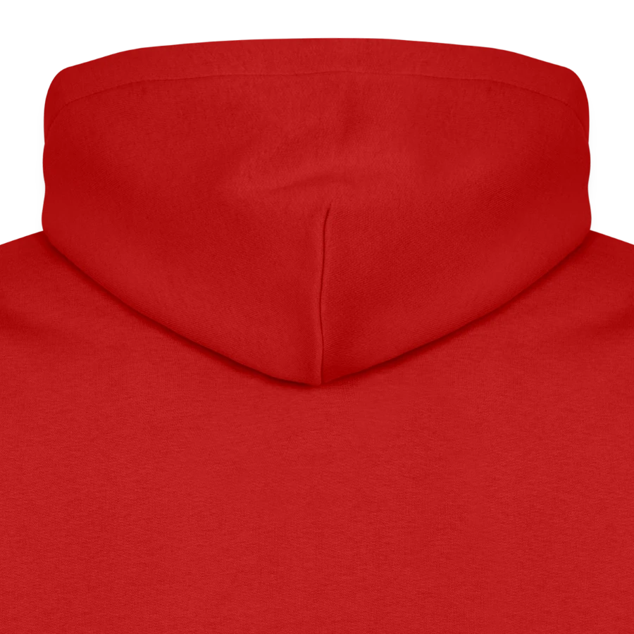 Hollow Peak badge on a men’s premium organic hoodie, red, hood front