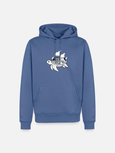 Turtle factory, smoke, smog air, animal welfare - Men’s Premium Organic Hoodie - stone blue