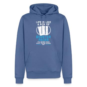 Life is like a box with Booster Packs card - Men’s Premium Organic Hoodie - stone blue - Front - Nico (187cm)