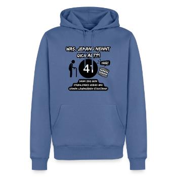 41 und legendär: Gebiss raus, Stocktanz an! - Männer Premium Bio Hoodie - Taubenblau - Vorne - Nico (187cm)