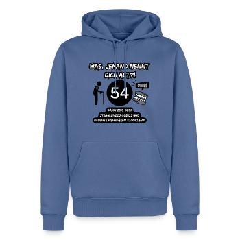 54 und legendär: Gebiss raus, Stocktanz an! - Männer Premium Bio Hoodie - Taubenblau - Vorne - Nico (187cm)