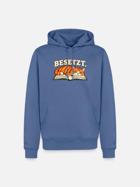 Besetzt – Katze auf Buch - Männer Premium Bio Hoodie - Taubenblau