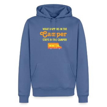 What Happens In The Camper Stays In The Camper - Sweat à capuche Premium bio Homme - bleu pigeon - Devant - Nico (187cm)