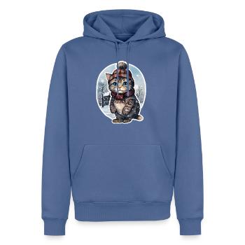 Katze mit Mütze und Schal im Schnee - Männer Premium Bio Hoodie - Taubenblau - Vorne - Nico (187cm)