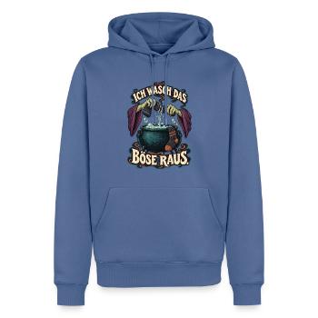 Hexenwäsche – Ich wasch das Böse raus - Männer Premium Bio Hoodie - Taubenblau - Vorne - Nico (187cm)