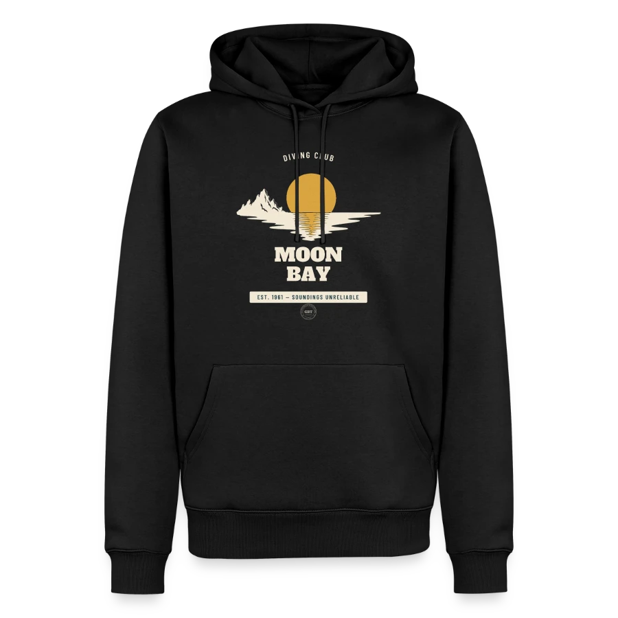 Moon Bay badge on a men’s premium organic hoodie, black, front