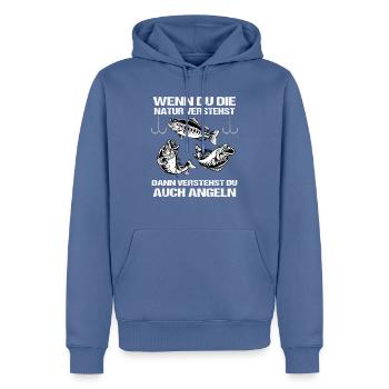 ANGLER DESIGN I ANGELN I FISCHER I FISCH - Männer Premium Bio Hoodie - Taubenblau - Vorne - Nico (187cm)