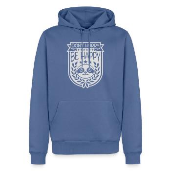 Ne vous dépêchez pas d’être heureux - Sweat à capuche Premium bio Homme - bleu pigeon - Devant - Nico (187cm)